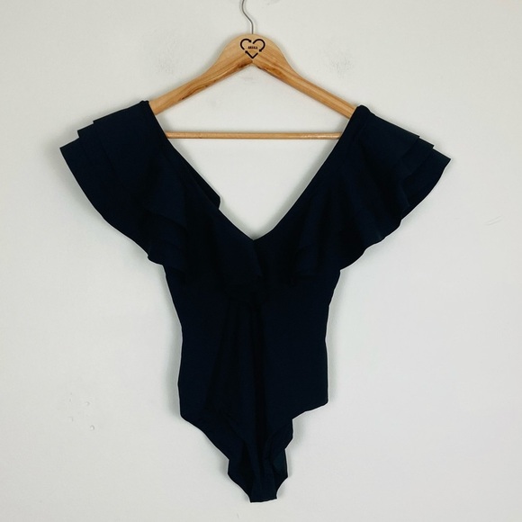 Maygel Coronel “Santa” one piece signature ruffle neck black swimsuit. One Size - Picture 5 of 10